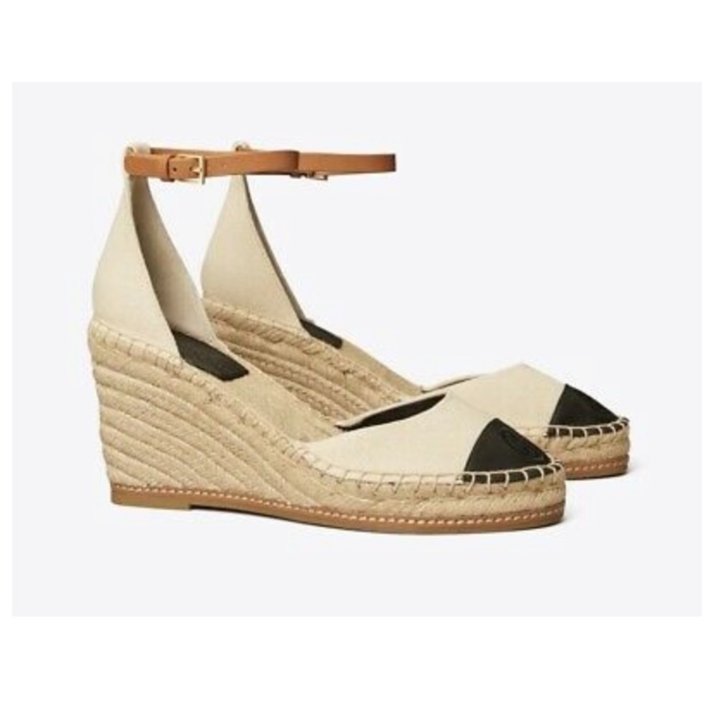 Tory Burch Color Block 85mm Wedge Espadrille Sandal Size 9.5 Color:Cream & Black